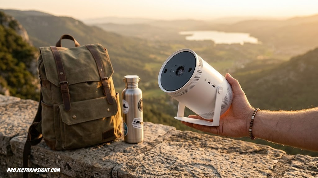 A hand holding a compact mini projector next to a backpack and water bottle