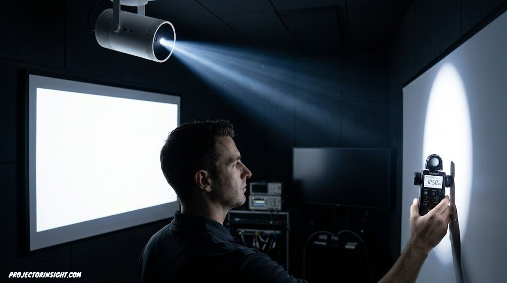 A light meter measuring brightness from a projector beam in a darkened test room