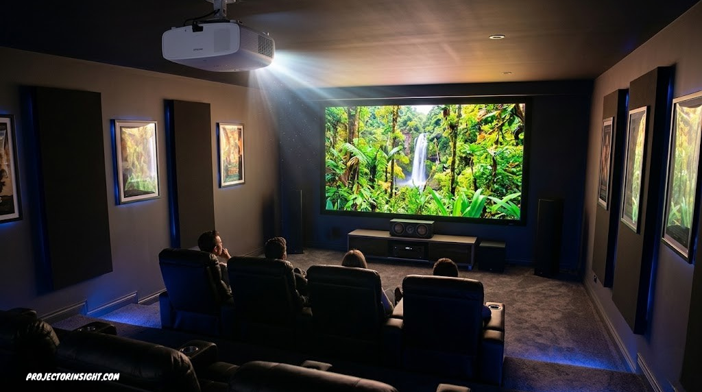 Bright projector casting a large crystal-clear image in a home theater setup