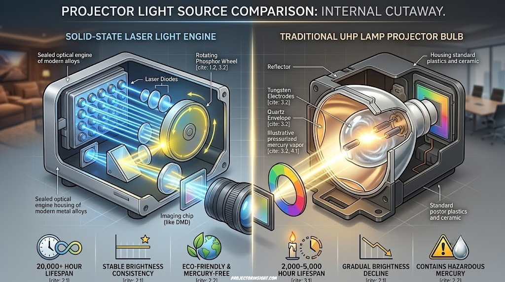 Close-up cutaway comparison of a laser light engine versus a UHP lamp projector bulb