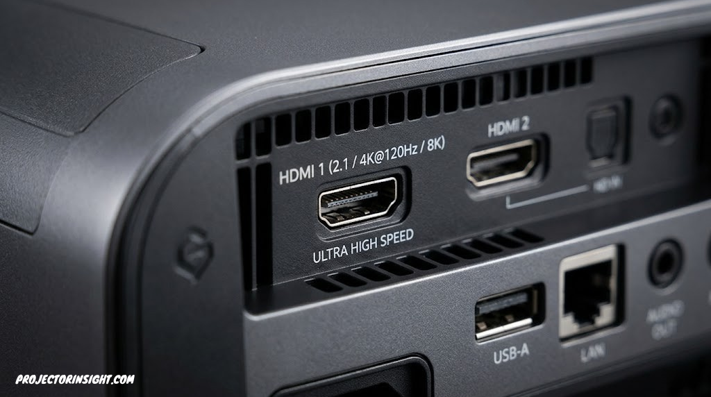 Close-up of an HDMI 2.1 port on the back panel of a gaming projector