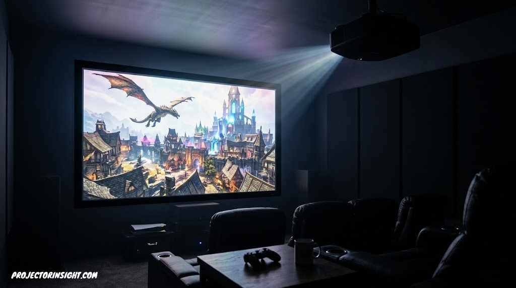 Dark room with a projector casting a bright 4K gaming image onto a large screen