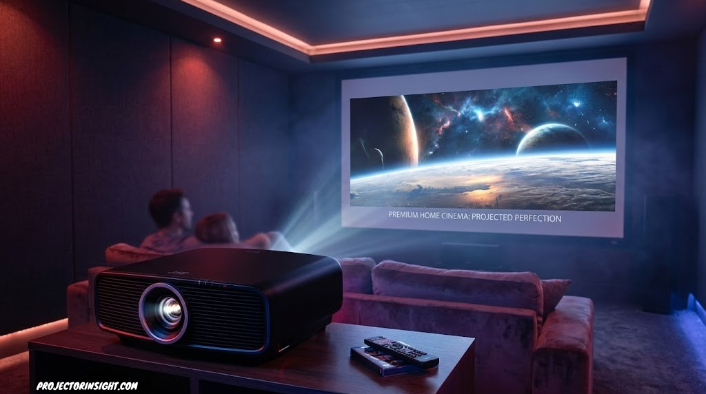 Projector throwing a large image onto a screen in a dim room