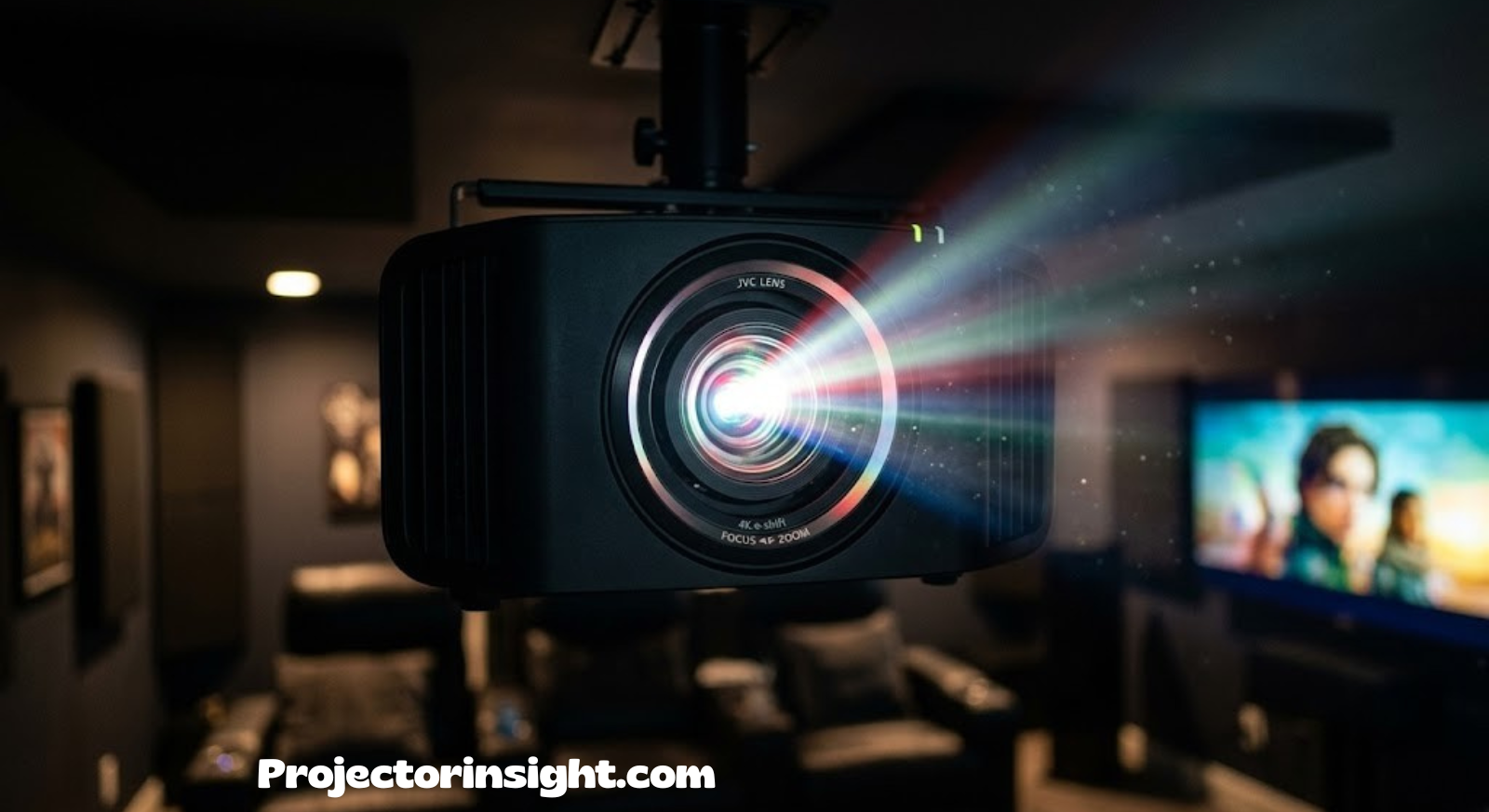 Close-up of a projector lens with light shining through in a dim home theater room