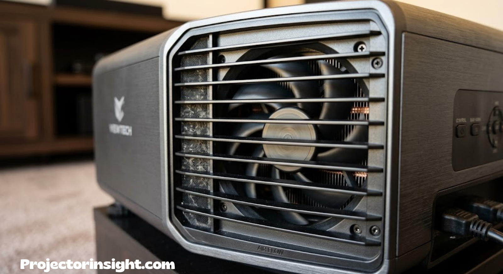 Close up of projector vents and cooling fan