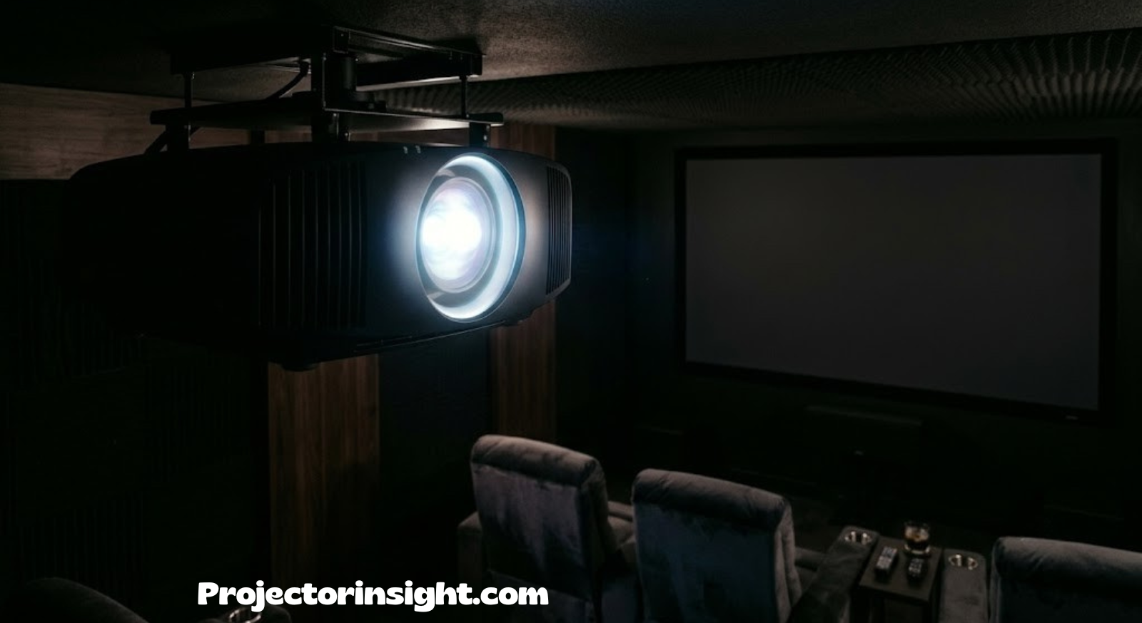 Home theater projector lens glowing without displaying an image on the screen