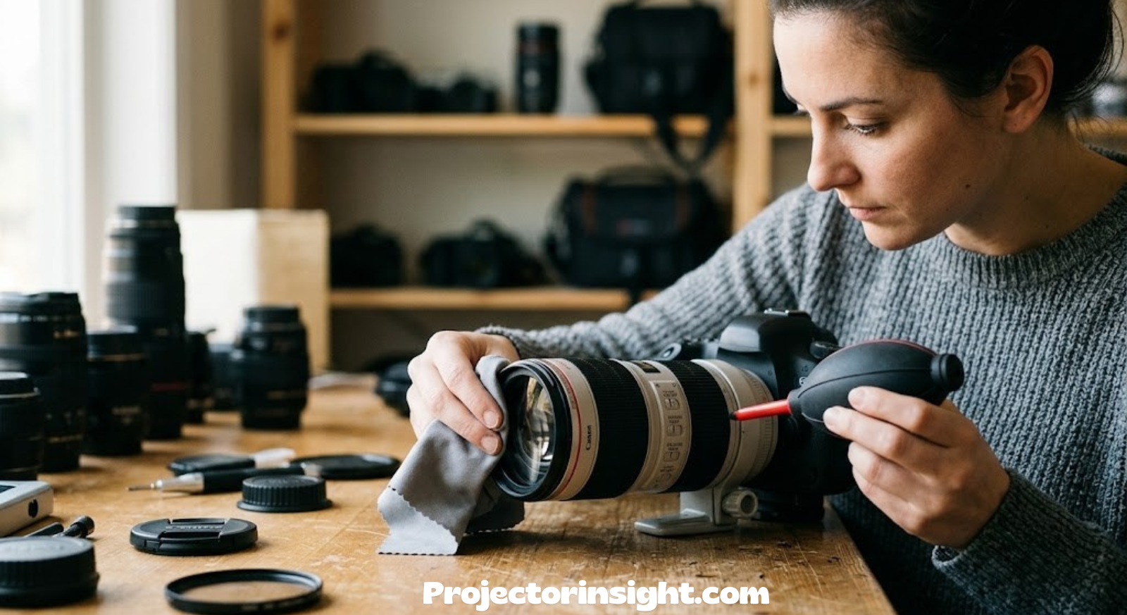 Person gently cleaning a camera-style lens with a microfiber cloth and blower