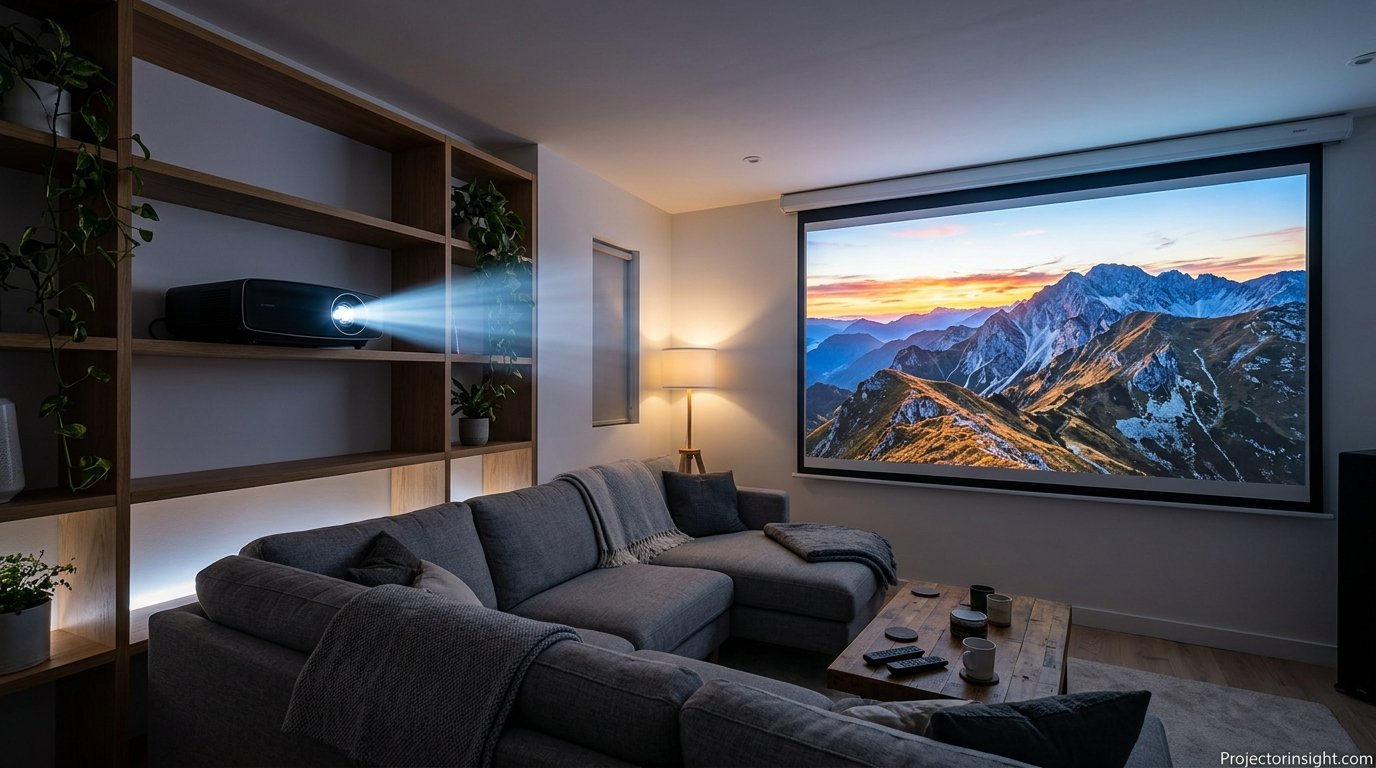 A home projector set up on a shelf and beaming a bright picture onto a wall screen in a living room