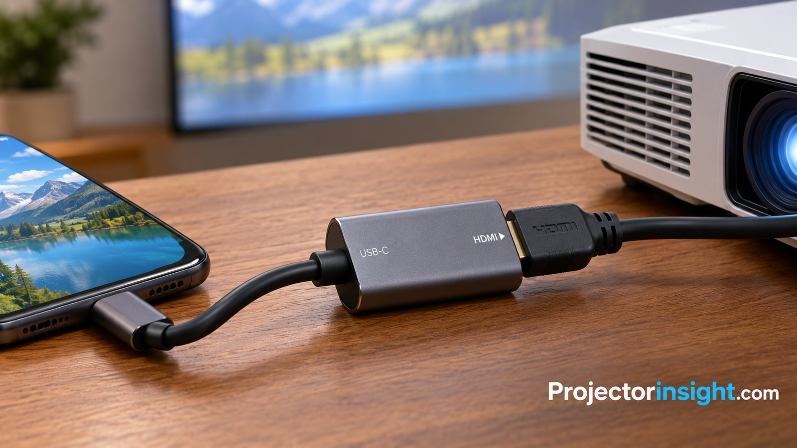 Close-up of a USB-C to HDMI adapter plugged into a phone and projector cable