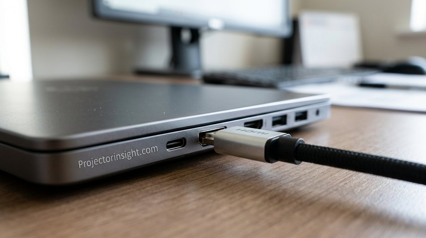 Close-up of an HDMI cable plugged into the side of a laptop