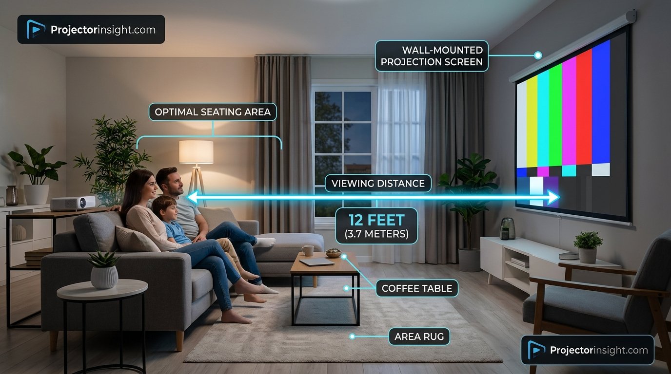 Diagram-style photo of a living room showing seating distance measured to a wall-mounted projection screen