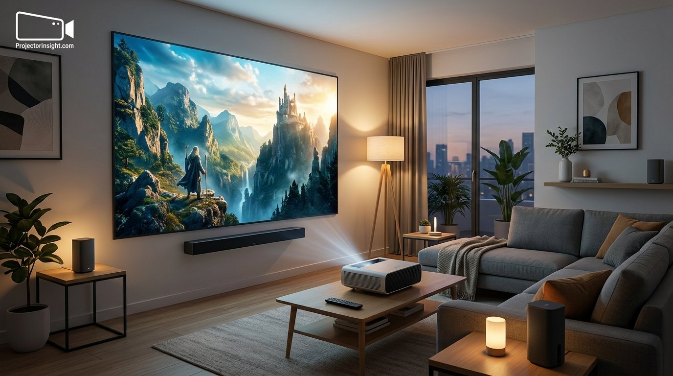 Home projector with wireless speakers and soundbar in a living room