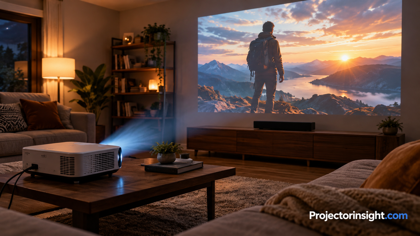 Home theater projector beaming a movie onto a wall in a cozy living room