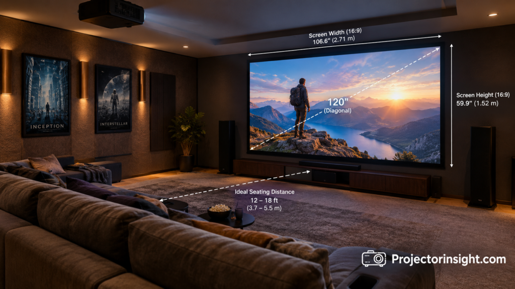 Home theater room with a large projector screen showing a movie, sized correctly for the seating distance