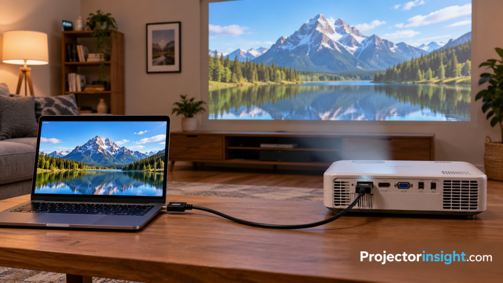 Laptop connected to a projector with an HDMI cable in a living room