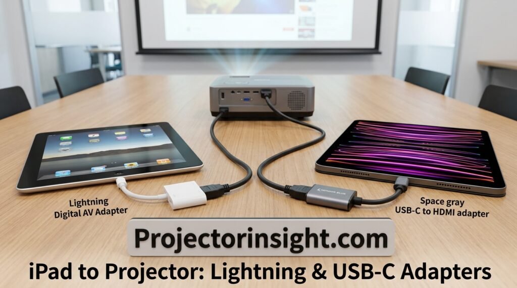 Lightning and USB-C to HDMI adapters next to an iPad and projector