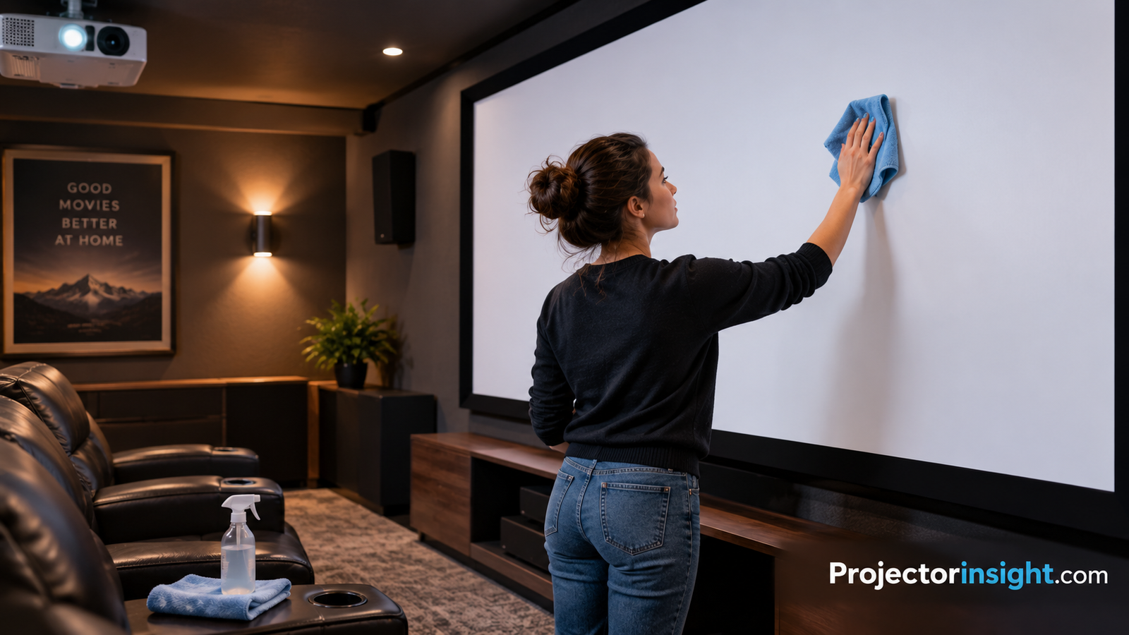 Person gently cleaning a large projector screen with a soft microfiber cloth in a home theater