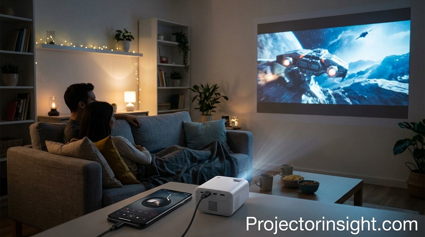 Phone connected to a projector showing a movie on a living room wall