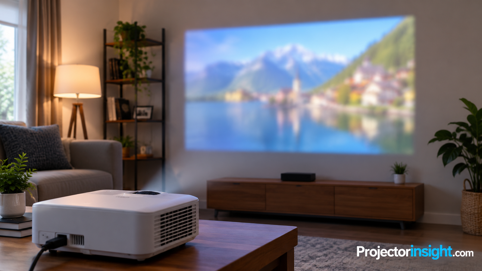 Projector displaying a blurry image on a living room wall before focus adjustment