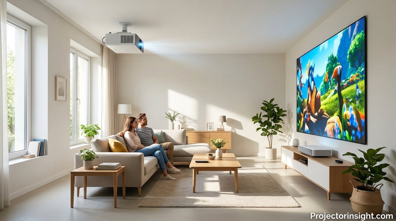 Projector showing a bright picture in a sunlit living room