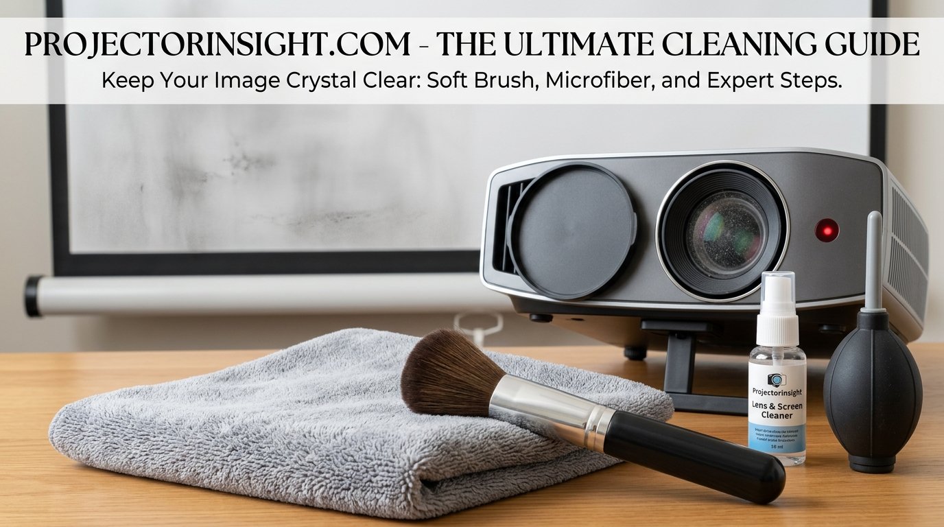 Soft brush and microfiber cloth beside a projector screen ready for cleaning