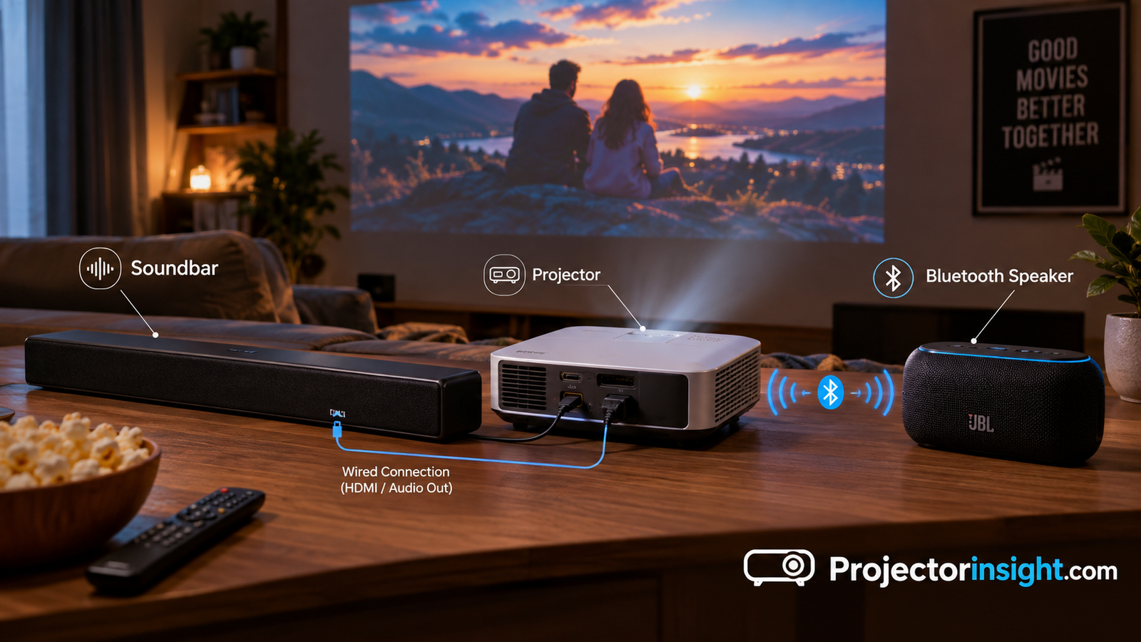 Soundbar and Bluetooth speaker connected to a projector for movie night