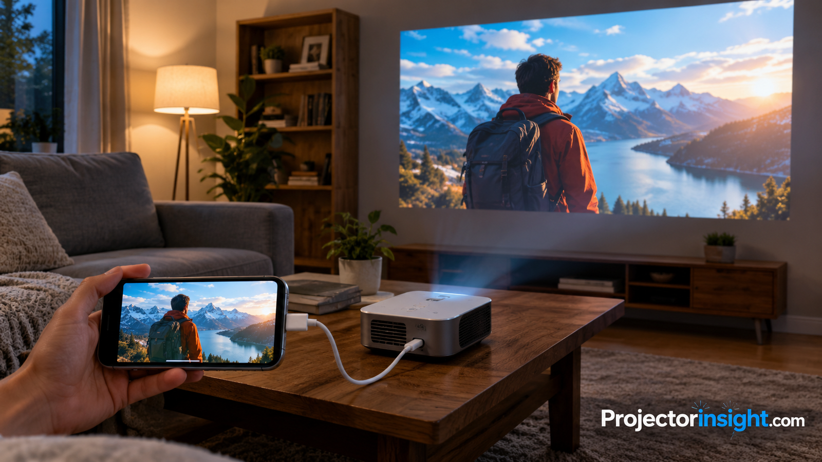 iPhone connected to a projector showing a movie on a living room wall